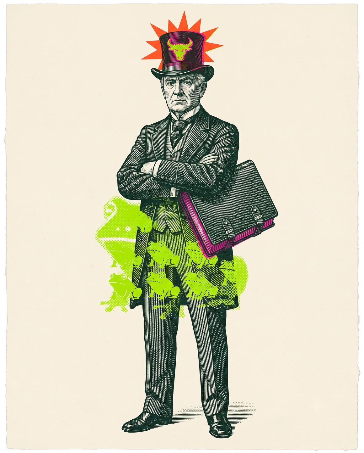 An engraved banker in a top hat, arms crossed, ledger under his arm