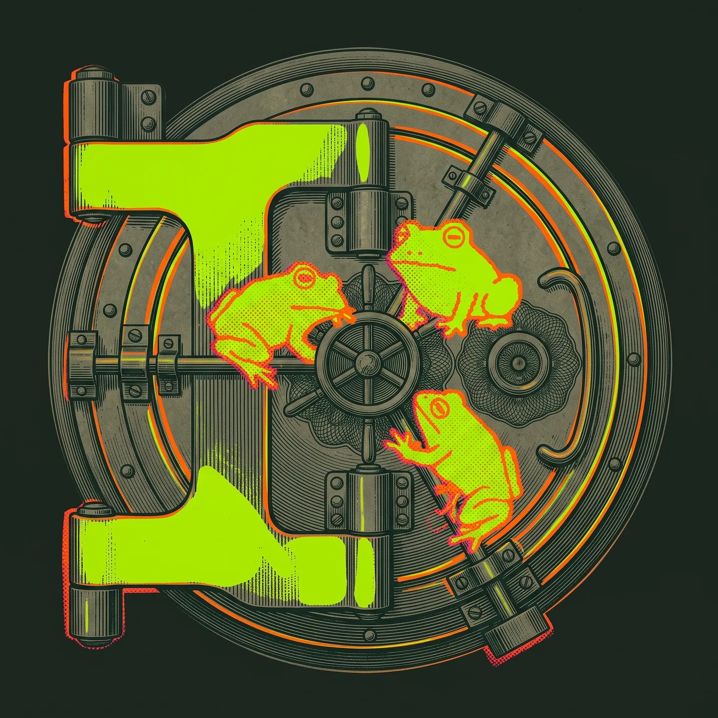An engraved vault door with neon frogs climbing its bolts