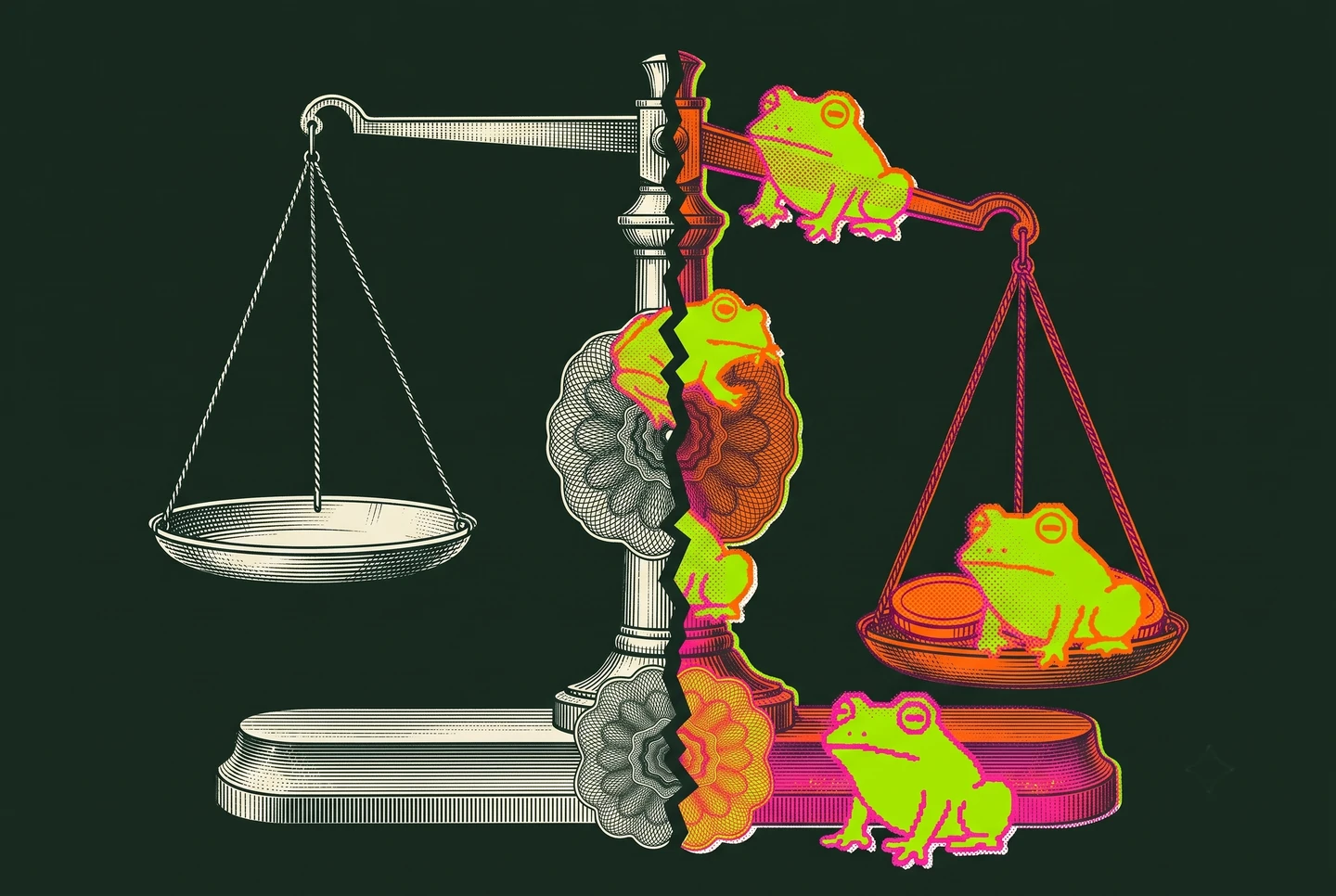 An engraved scale: a silver pan on one side, neon frogs weighing down a magenta pan on the other